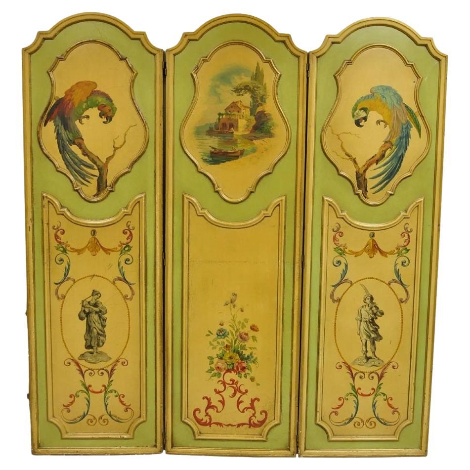 Antiker französischer venezianischer Raumteiler im Louis-XV-Stil mit 3 Tafeln und grünem Papagei-Gemälde (C)