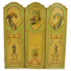 Antique French Louis XV Green Painted Parrot 3 Panel Venetian Room Screen (C)