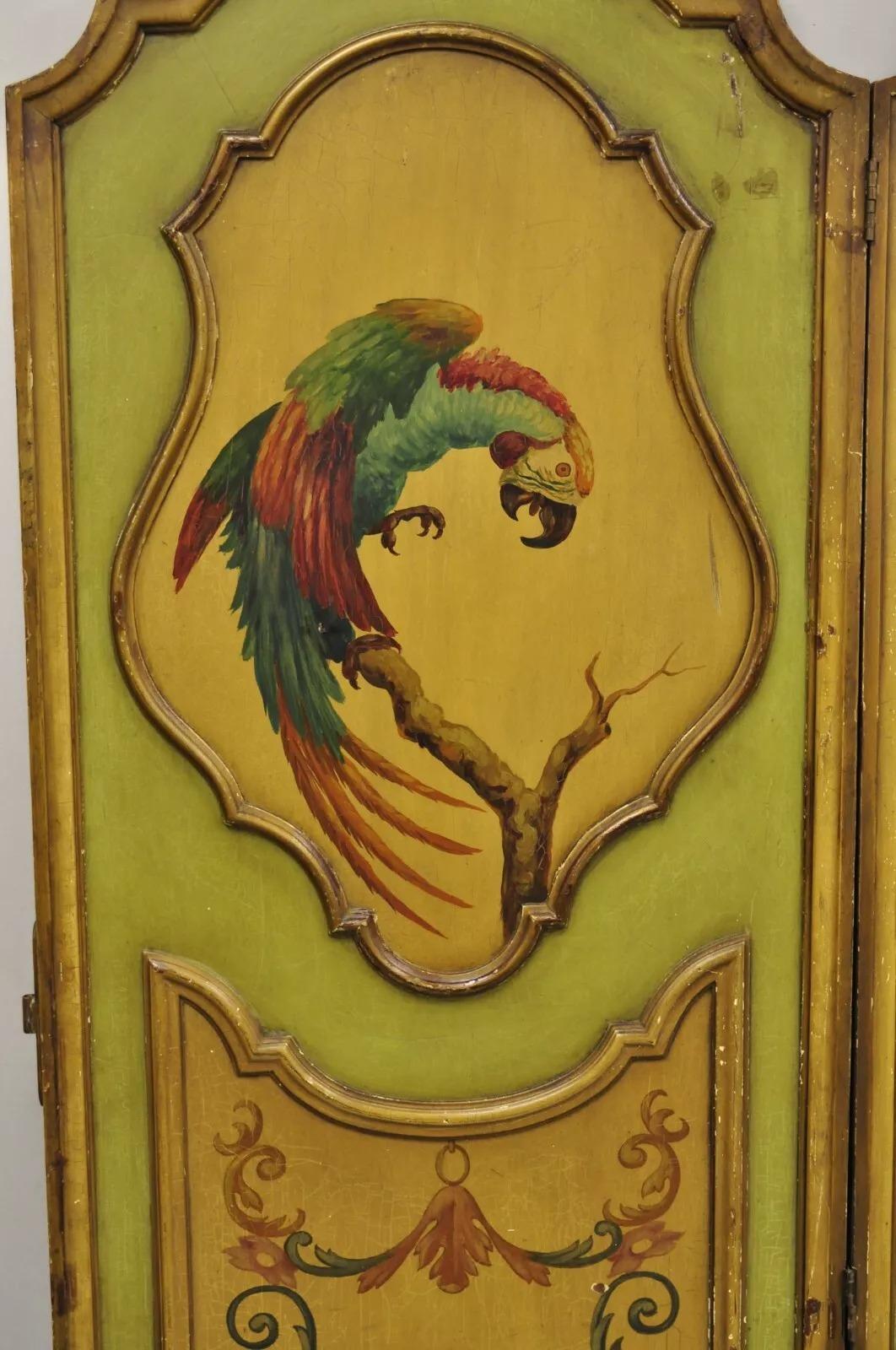 Antique French Louis XV Green Painted Parrot 3 Panel Venetian Room Screen (D) For Sale 5