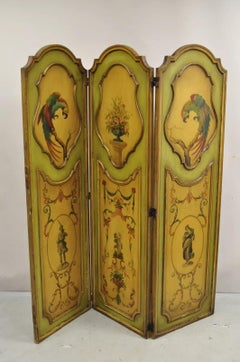 Antique French Louis XV Green Painted Parrot 3 Panel Venetian Room Screen (D)