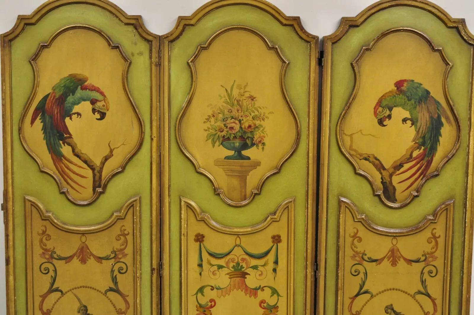 Unknown Antique French Louis XV Green Painted Parrot 3 Panel Venetian Room Screen (D) For Sale