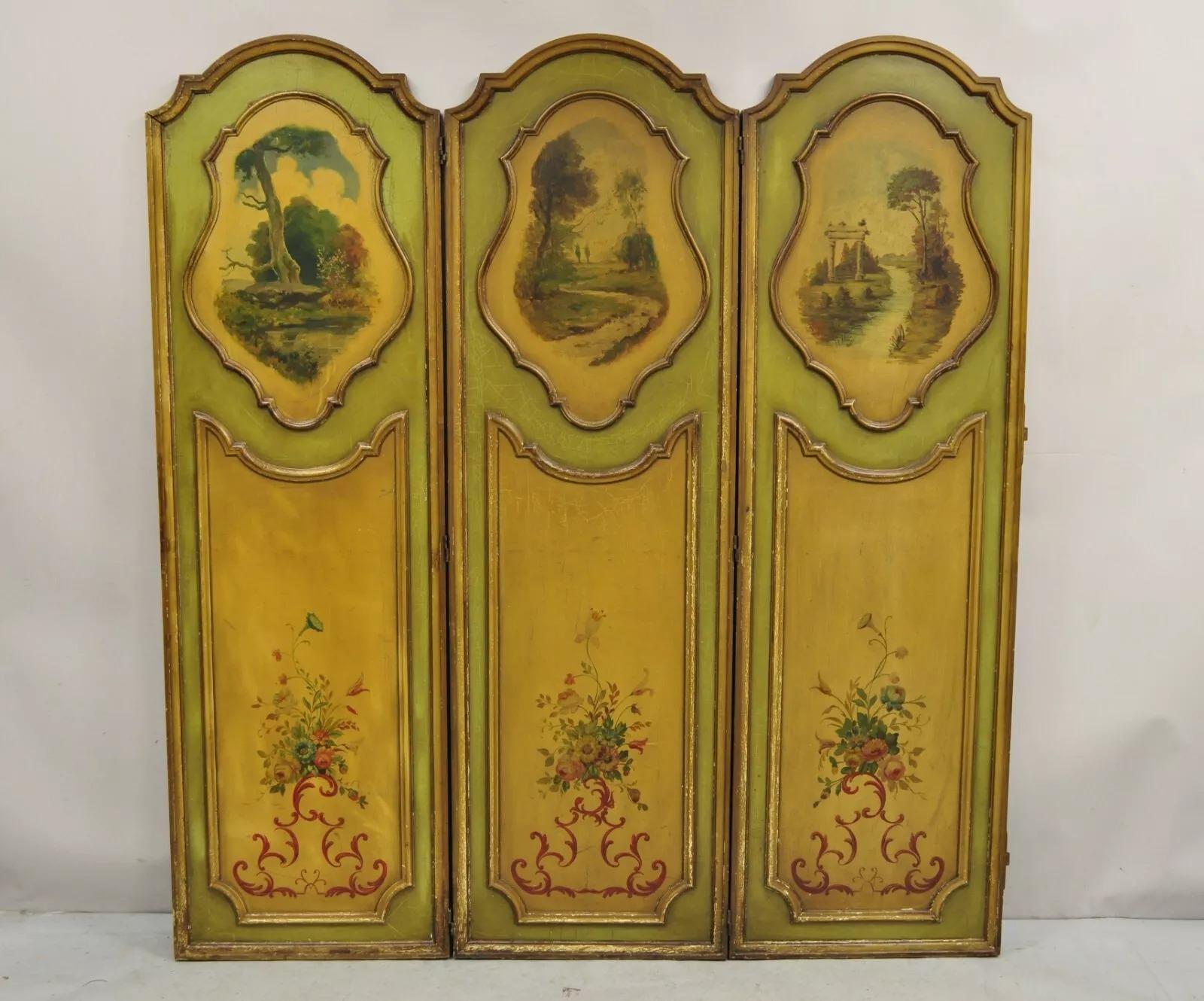 Antique French Louis XV Green Painted Parrot 3 Panel Venetian Room Screen (D) For Sale 1