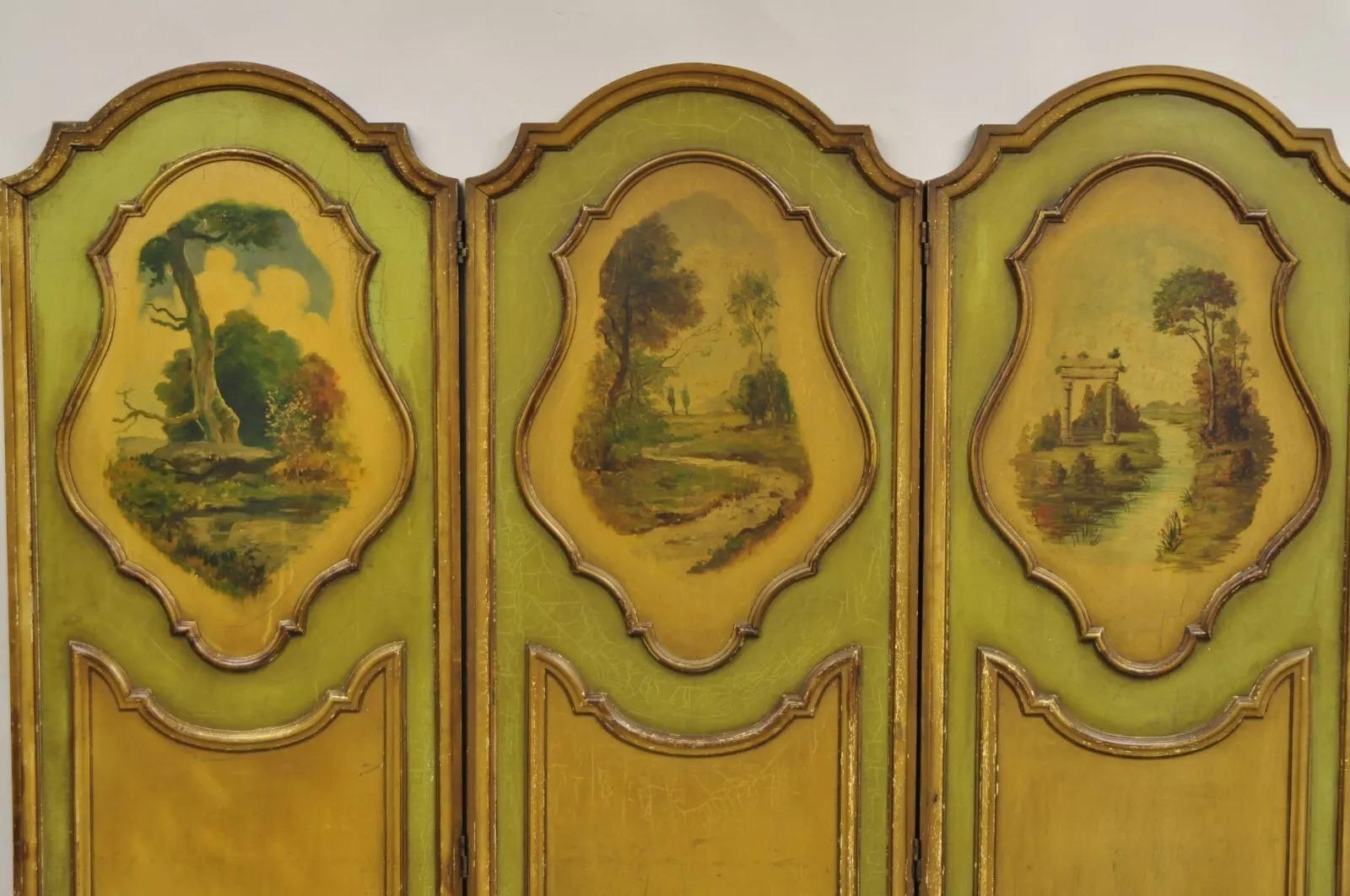 Antique French Louis XV Green Painted Parrot 3 Panel Venetian Room Screen (D) For Sale 2