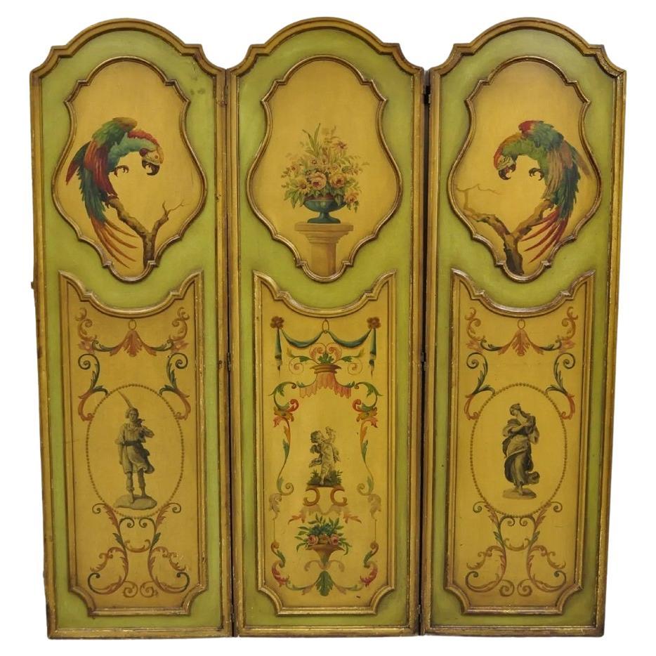 Antiker französischer venezianischer Raumteiler im Louis-XV-Stil mit 3 Tafeln und grünem Papagei-Gemälde (D)