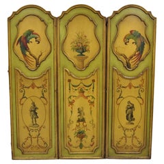 Antique French Louis XV Green Painted Parrot 3 Panel Venetian Room Screen (D)