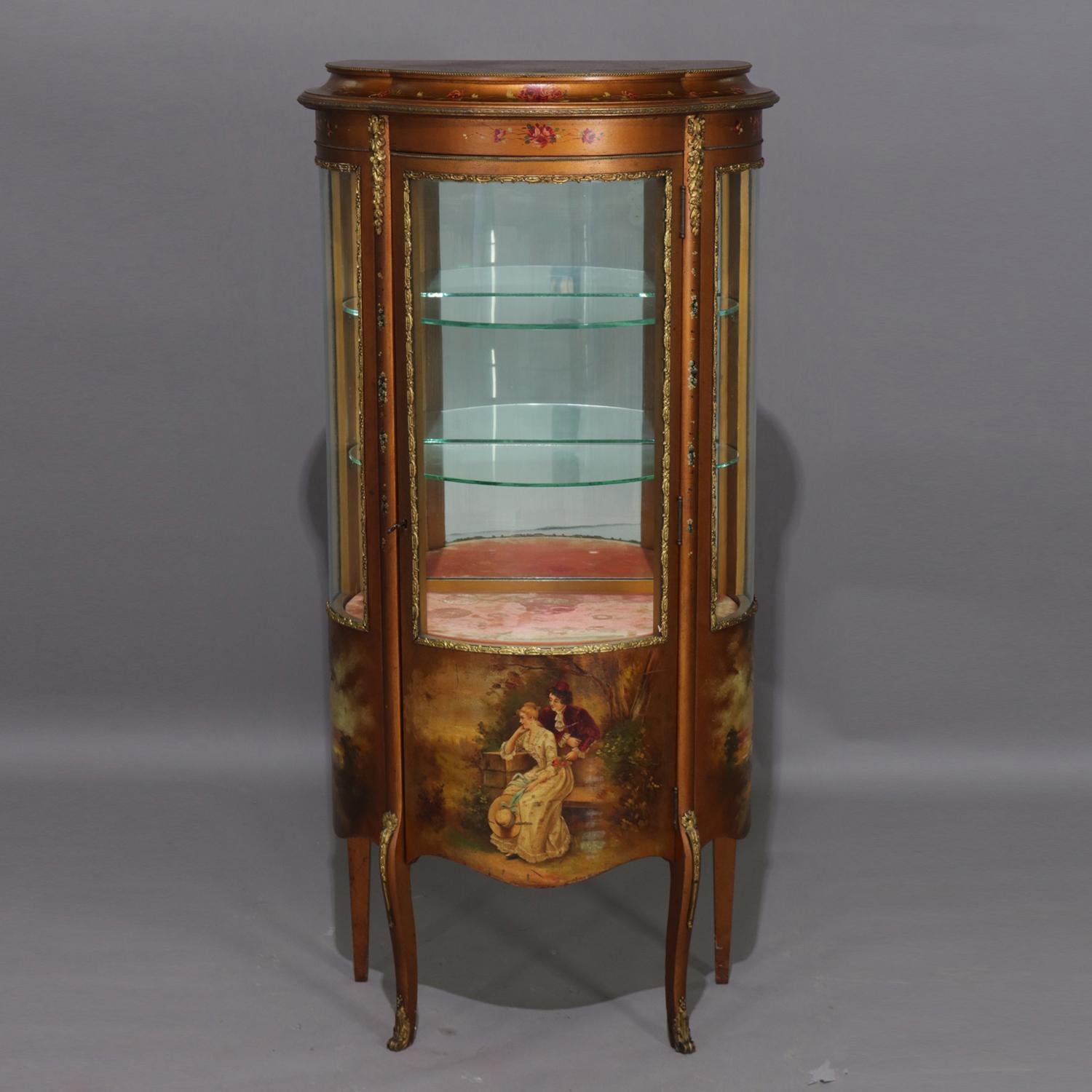 Antique French Louis XV Vernis Martin style vitrine features giltwood with hand-painted courting and landscape scene, single glass door opening to mirrored interior with glass display shelves, seated on cabriole legs, foliate ormolu mounts