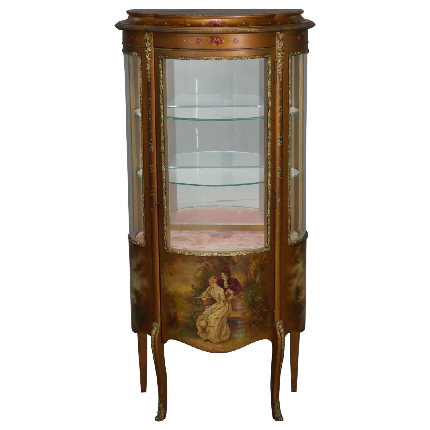 Antique French Louis XV Hand-Painted and Gilt Vernis Martin Display Vitrine
