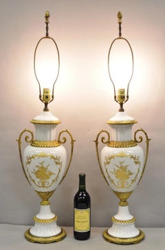 Antique French Louis XV Hand-Painted Porcelain Urn Bronze Table Lamps - a Pair
