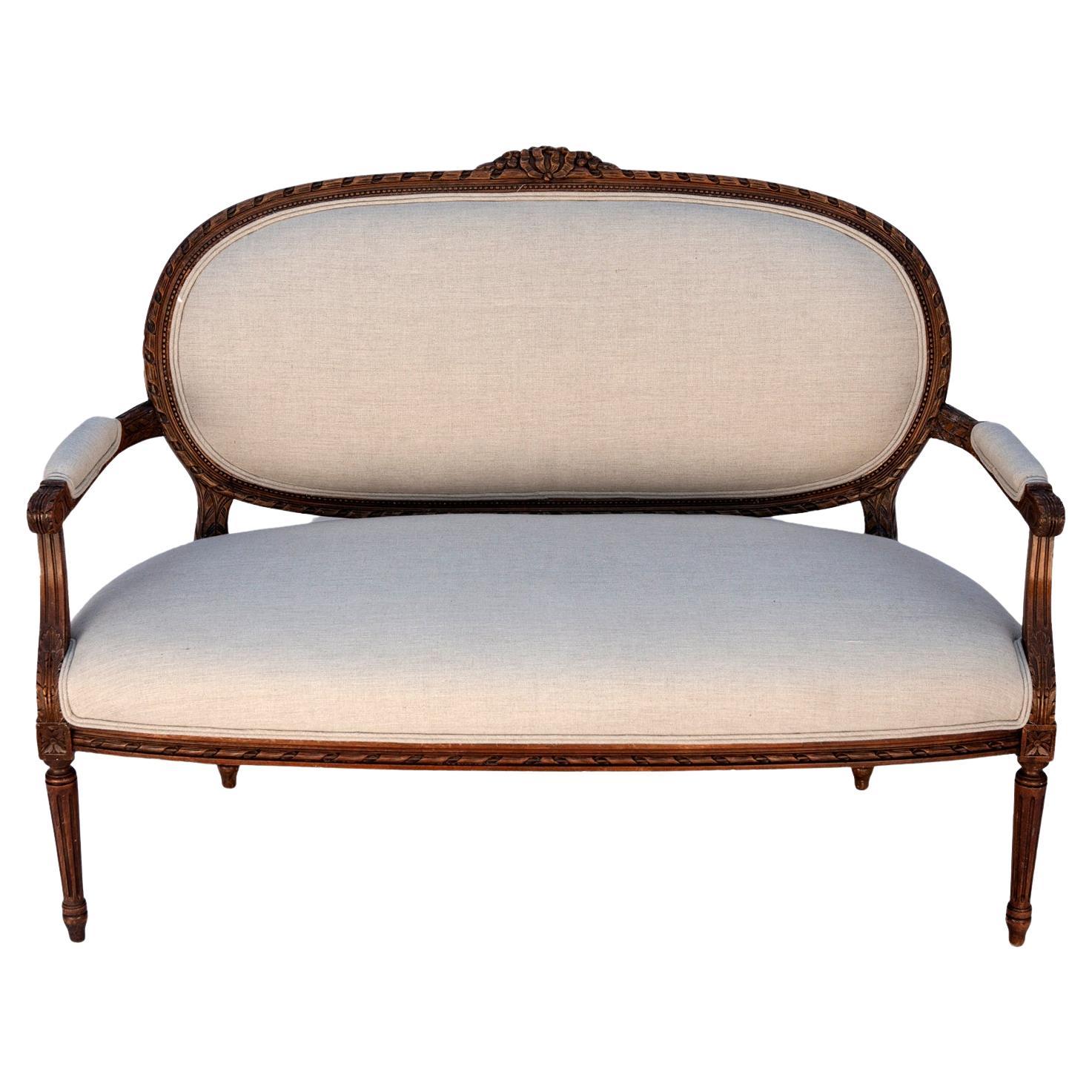 Antique French Louis XV Handcarved Linen Settee