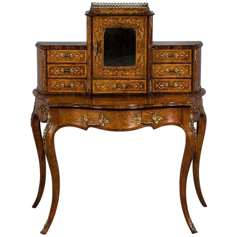Ancien bureau de coiffeuse français Escritoire incrusté de style Louis XV