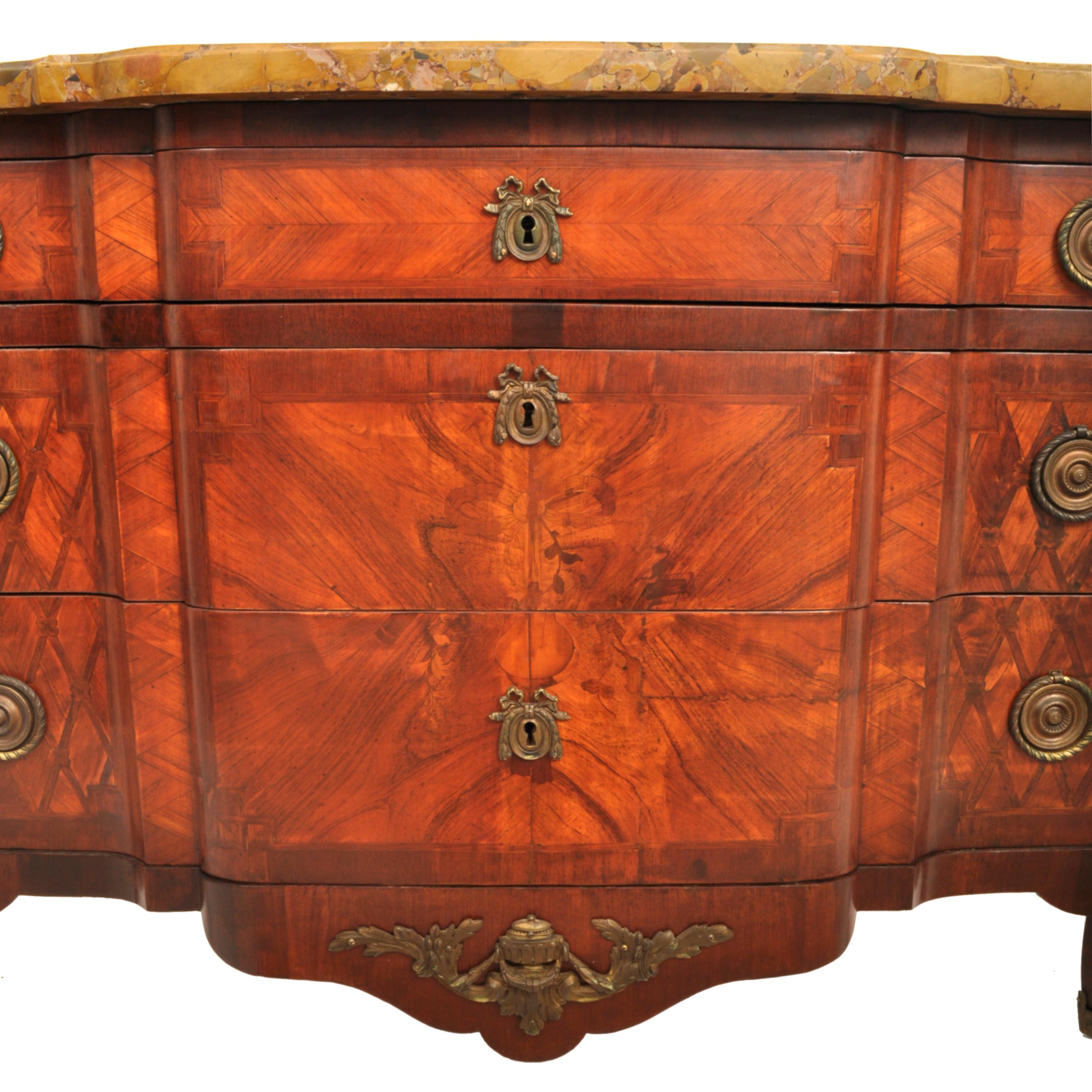 Antique French Louis XV Inlaid Parquetry Ormolu Marble Top Commode Chest, 1780 4