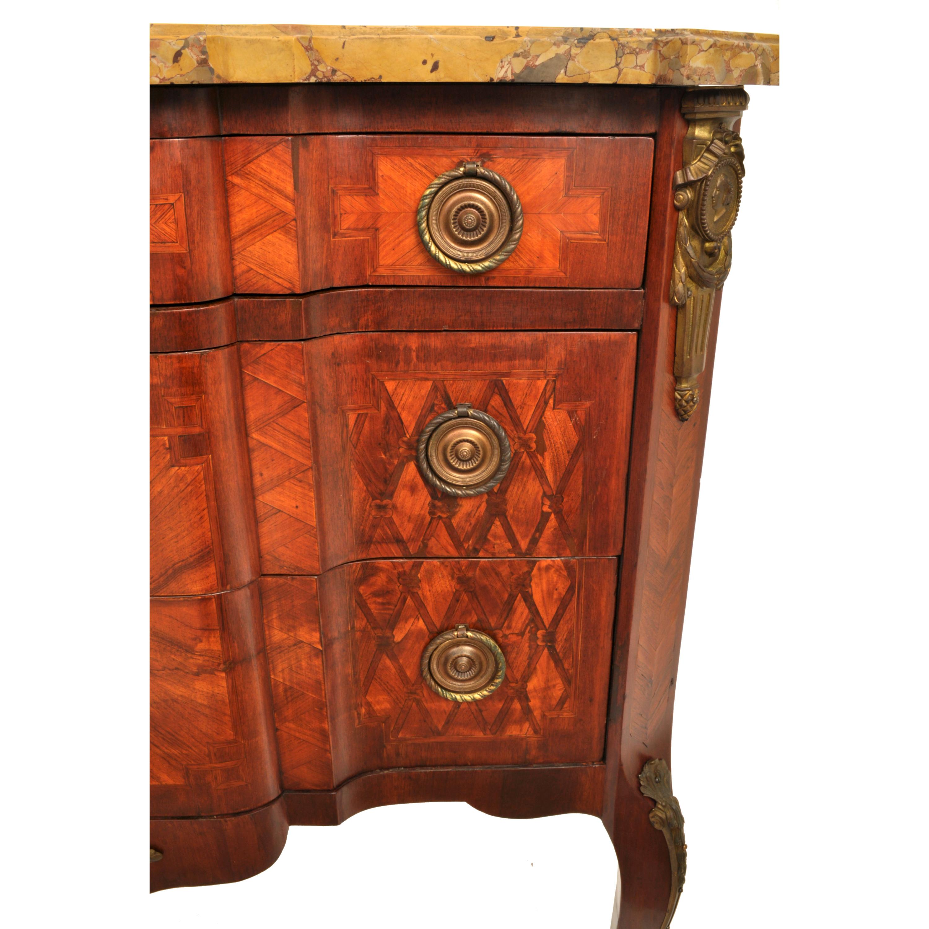 Antique French Louis XV Inlaid Parquetry Ormolu Marble Top Commode Chest, 1780 5