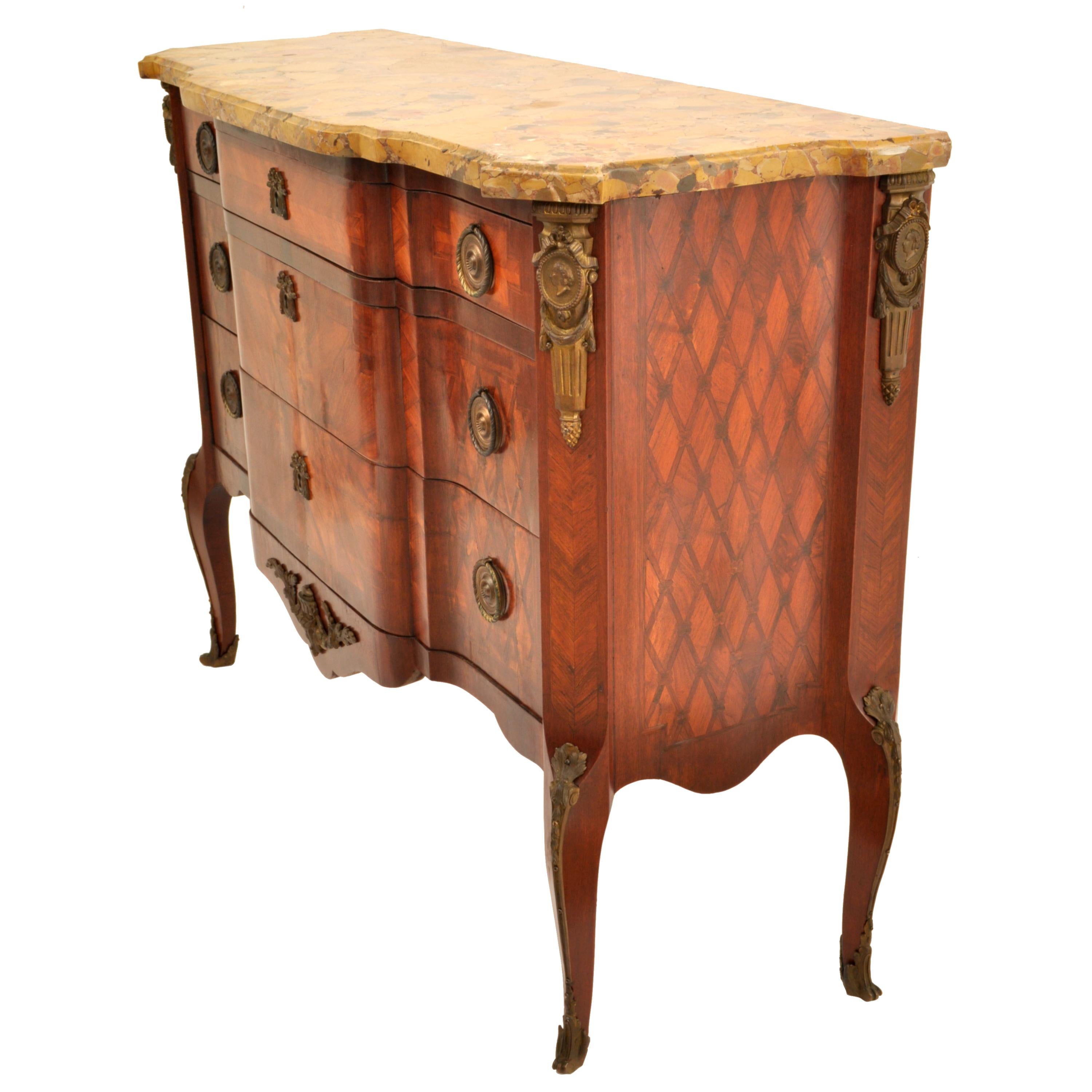 Antique French Louis XV Inlaid Parquetry Ormolu Marble Top Commode Chest, 1780 10