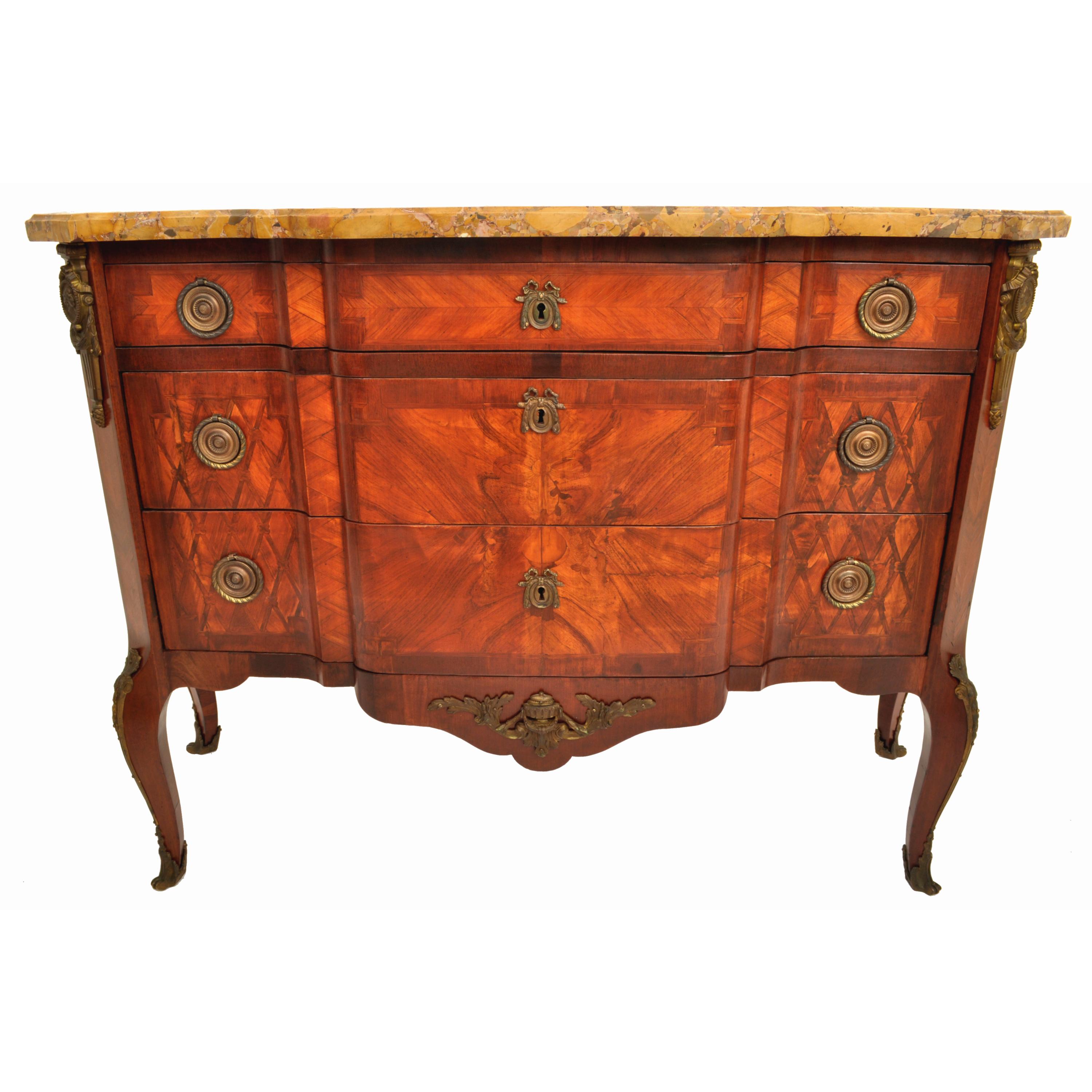 Gilt Antique French Louis XV Inlaid Parquetry Ormolu Marble Top Commode Chest, 1780