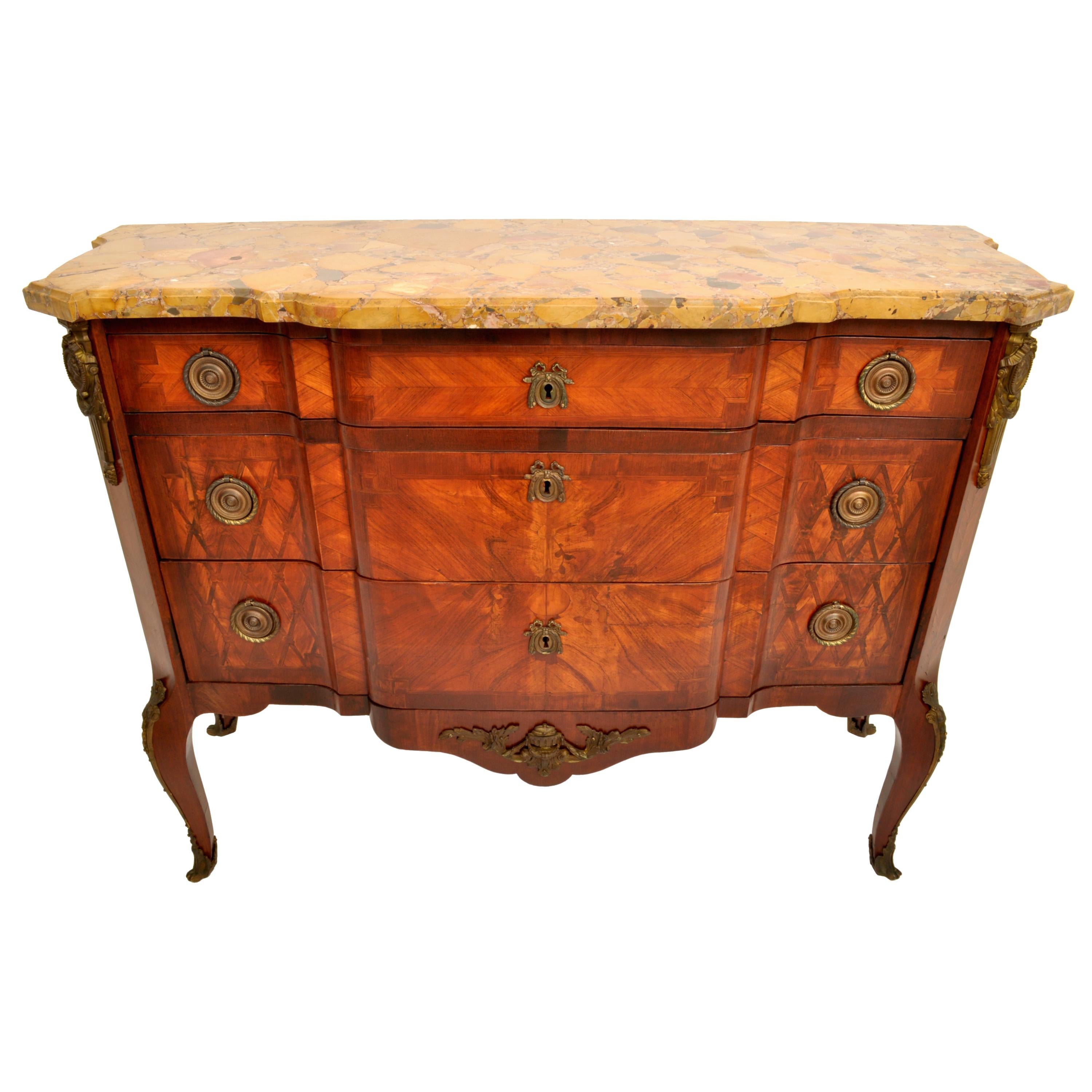 Antique French Louis XV Inlaid Parquetry Ormolu Marble Top Commode Chest, 1780 In Good Condition In Portland, OR