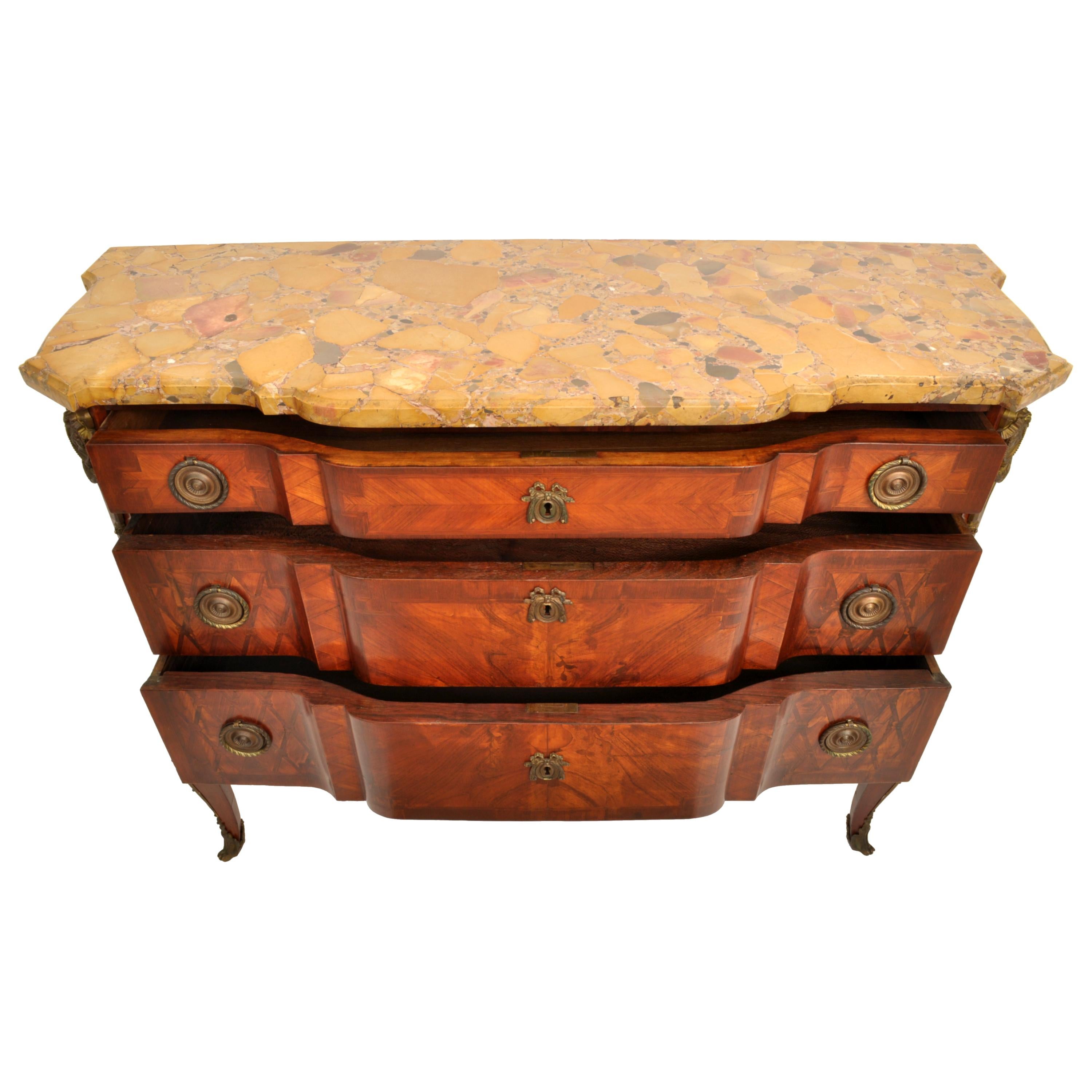 18th Century Antique French Louis XV Inlaid Parquetry Ormolu Marble Top Commode Chest, 1780