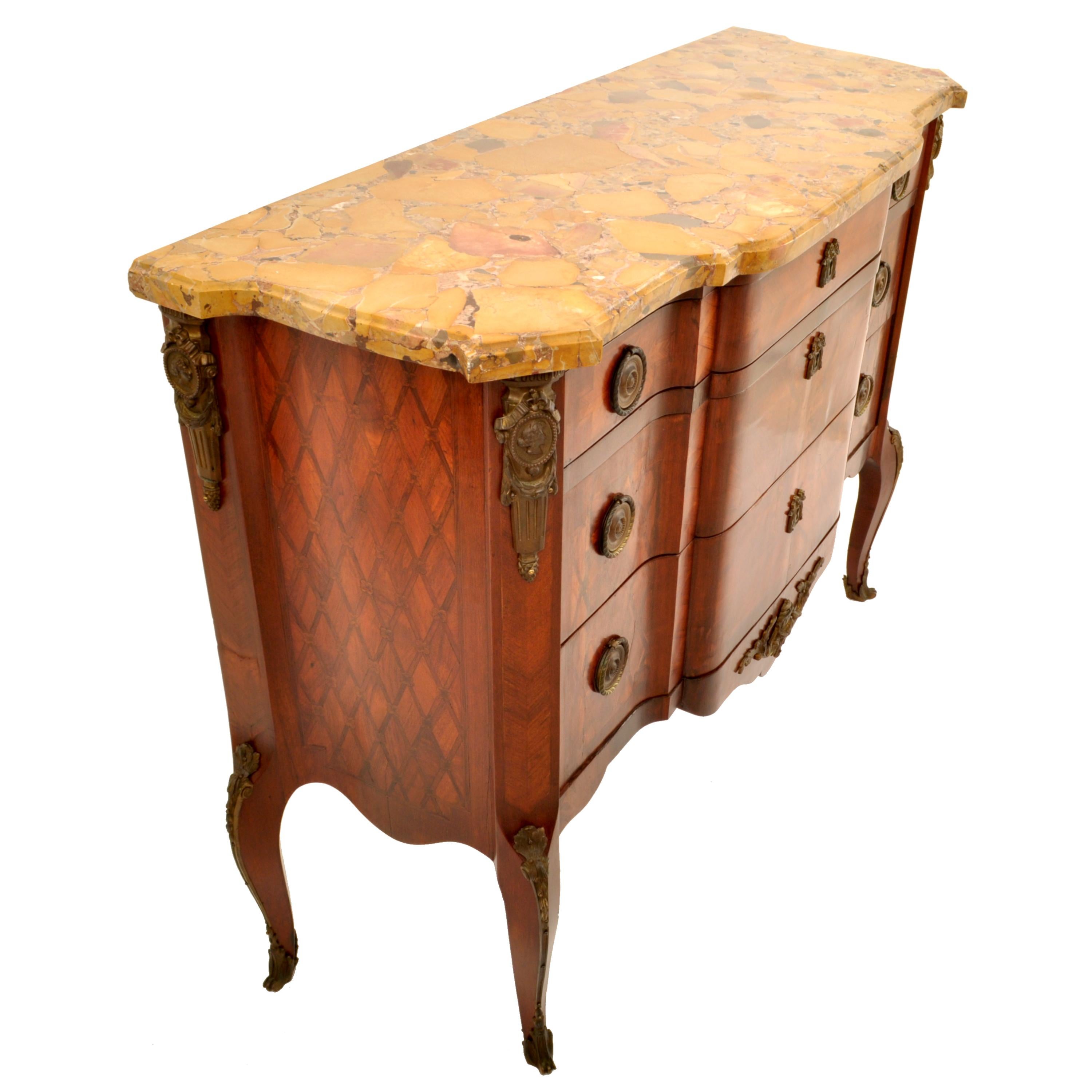Antique French Louis XV Inlaid Parquetry Ormolu Marble Top Commode Chest, 1780 1
