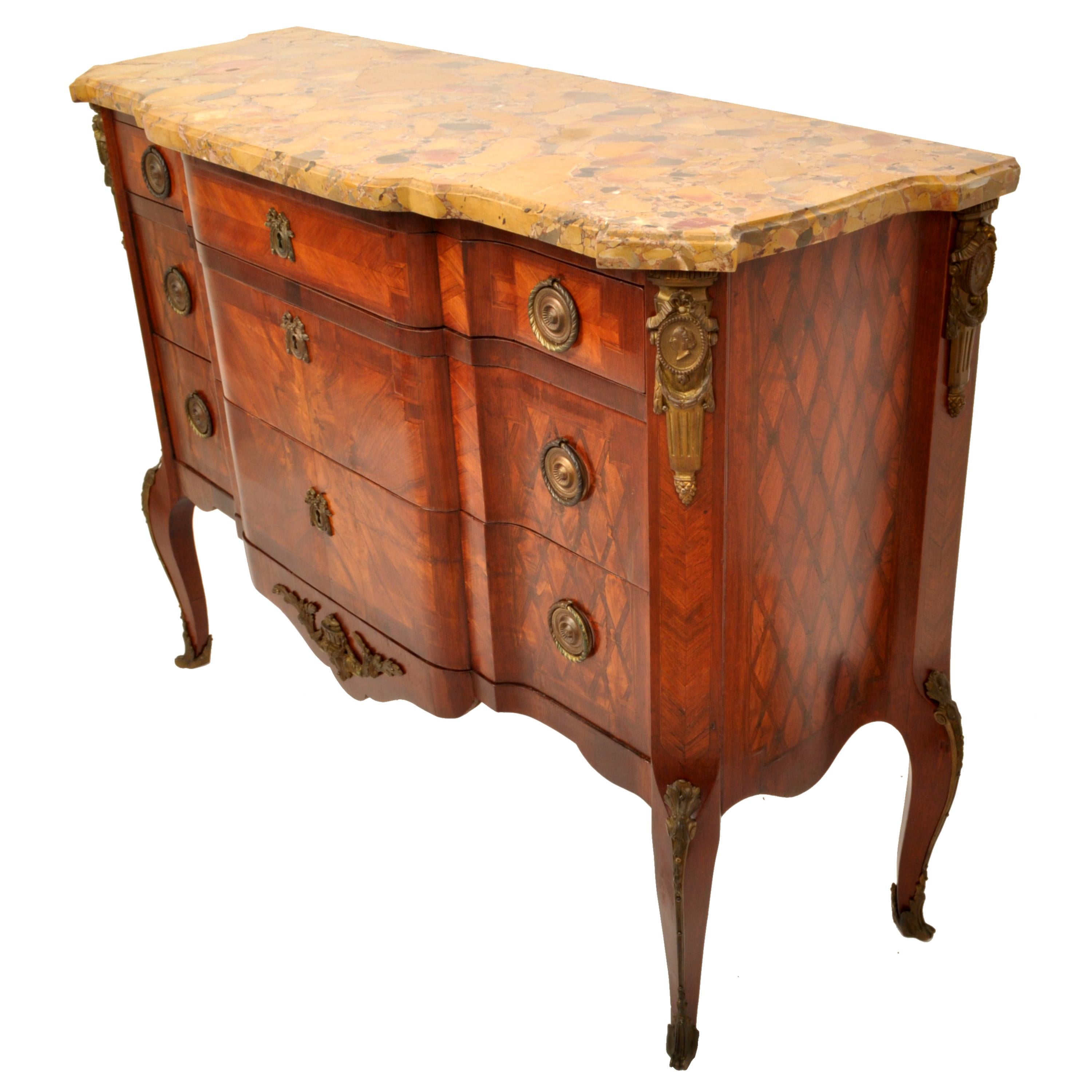 Antique French Louis XV Inlaid Parquetry Ormolu Marble Top Commode Chest, 1780 2