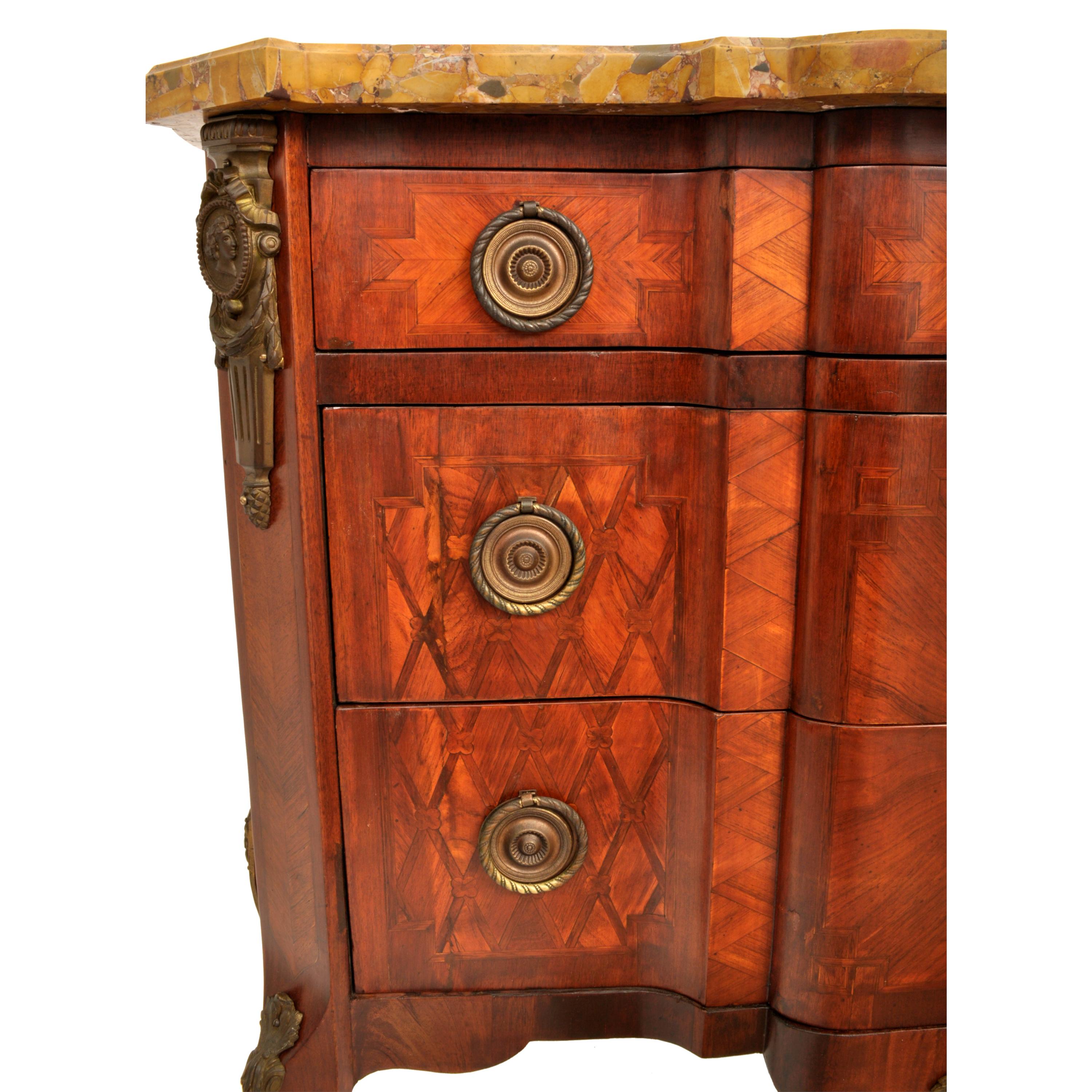 Antique French Louis XV Inlaid Parquetry Ormolu Marble Top Commode Chest, 1780 3
