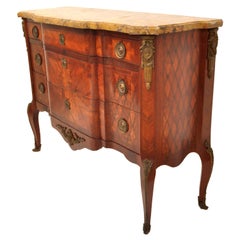 Antique French Louis XV Inlaid Parquetry Ormolu Marble Top Commode Chest, 1780