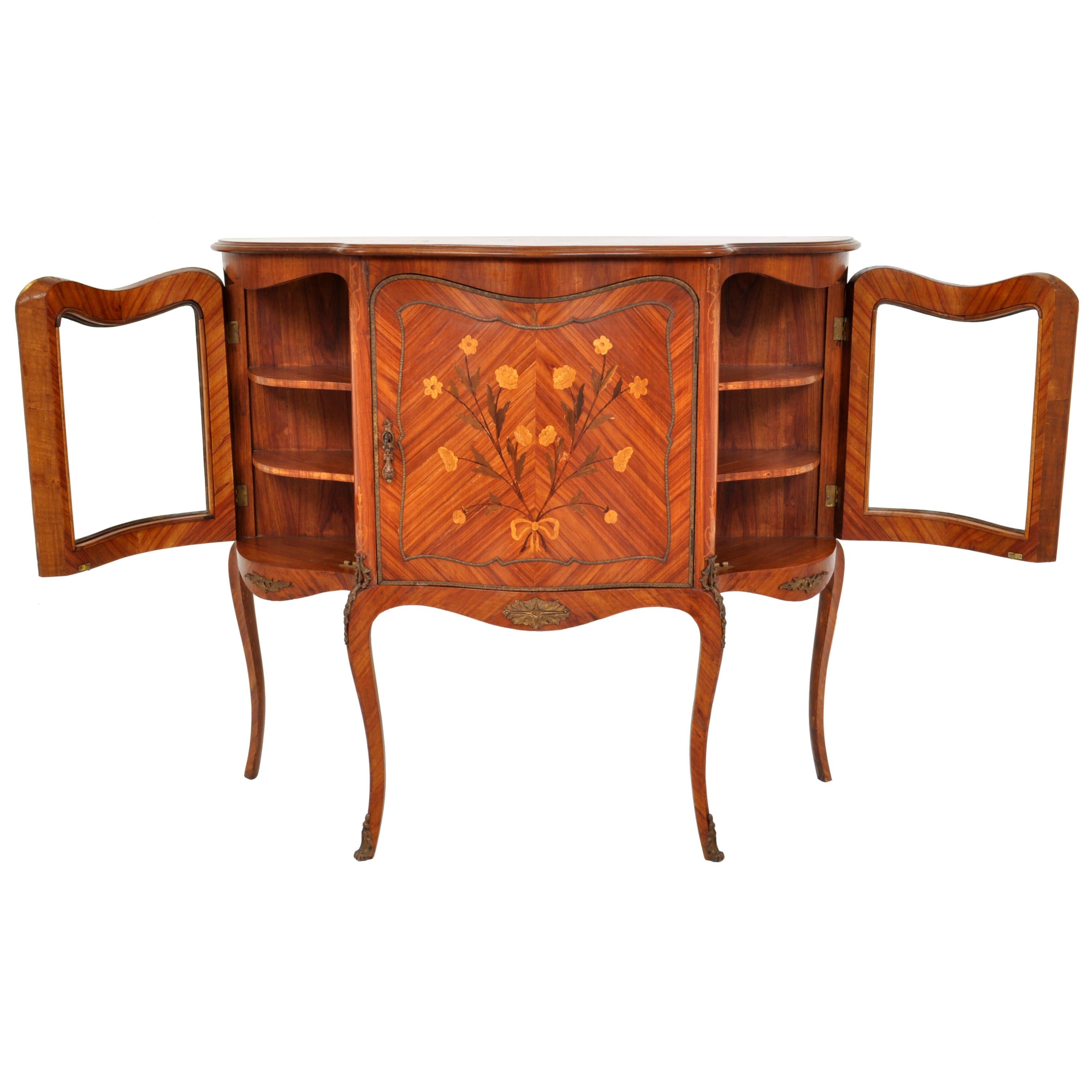 Antique French Louis XV Inlaid Walnut Ormolu Serpentine Display Cabinet Buffet 1