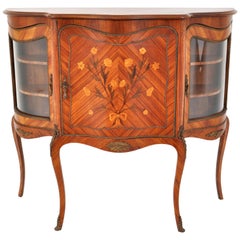 Antique French Louis XV Inlaid Walnut Ormolu Serpentine Display Cabinet Buffet