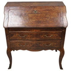 Antique French Louis XV Italian Burlwood Inlaid Slant Front Secretary Desk