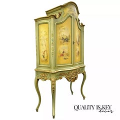 Antique French Louis XV Italian Rococo Style dipinto a mano in verde armadio cabinet