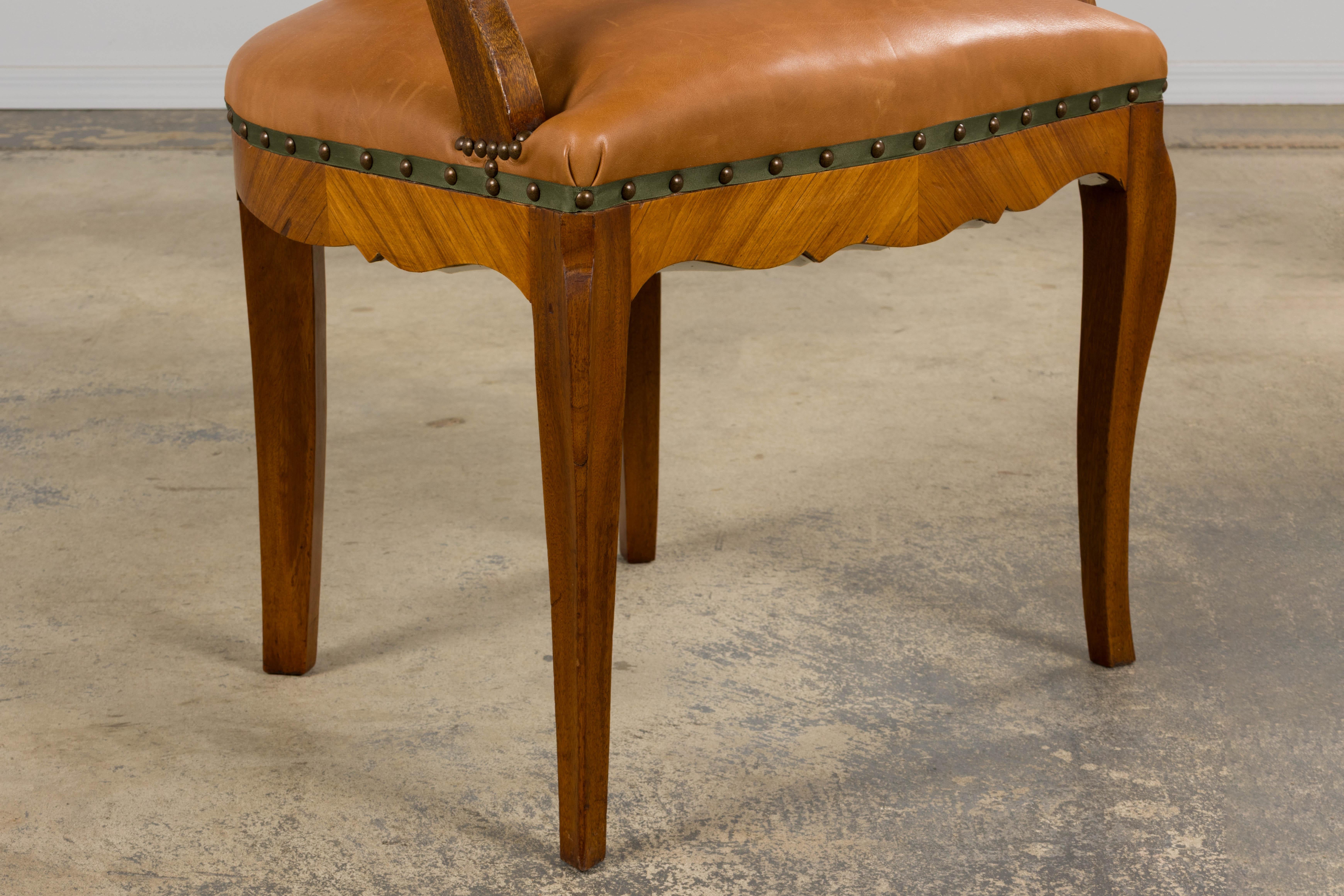 XIX secolo Antique French Louis XV Mahogany Desk Chair W/ Tan Leather in vendita
