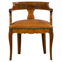 Antique French Louis XV Mahogany Desk Chair W/ Tan Leather