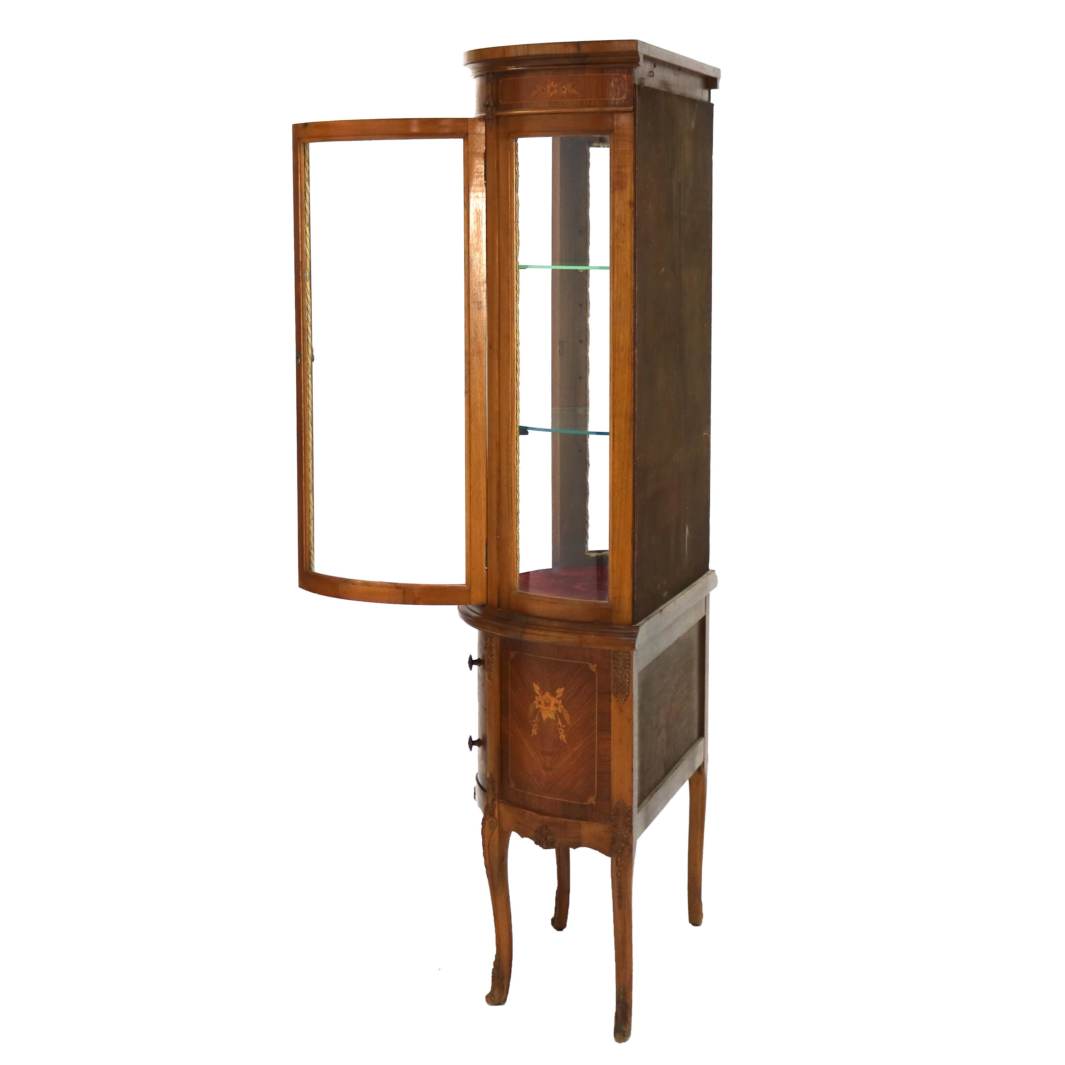 Marqueterie Antique French Louis XV Mahogany & Satinwood Vitrine with Floral Marquetry C1890 in vendita