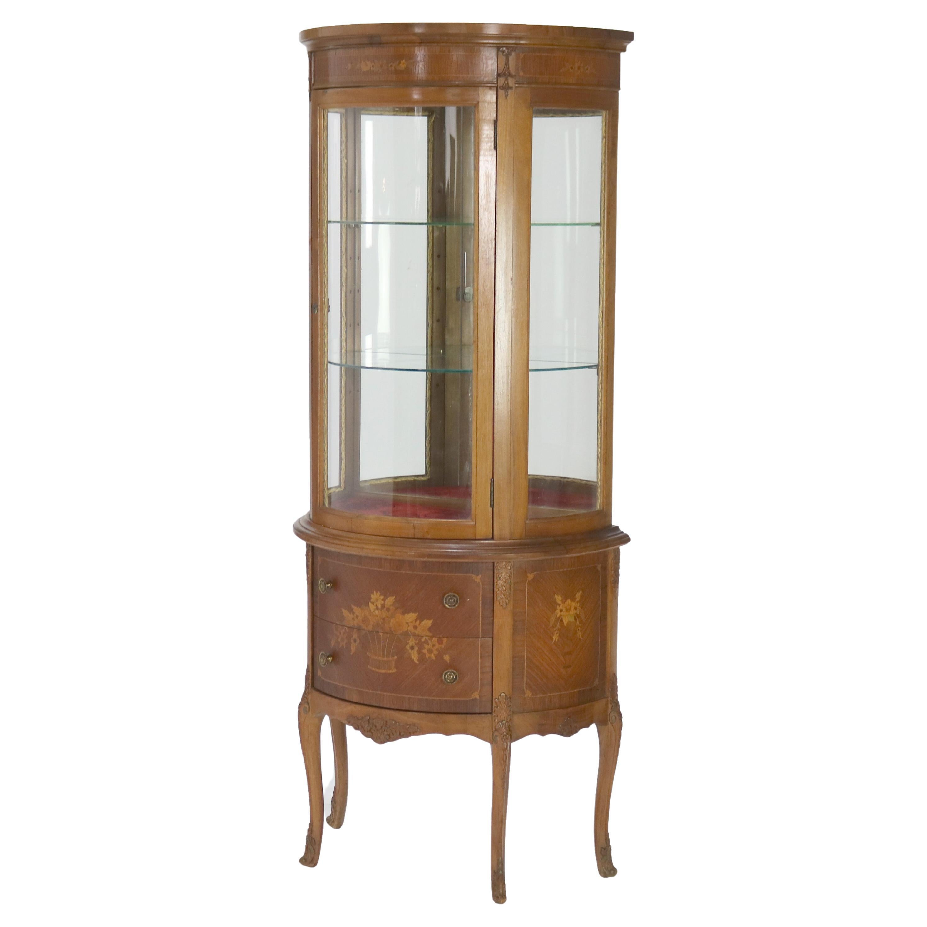 Antique French Louis XV Mahogany & Satinwood Vitrine with Floral Marquetry C1890