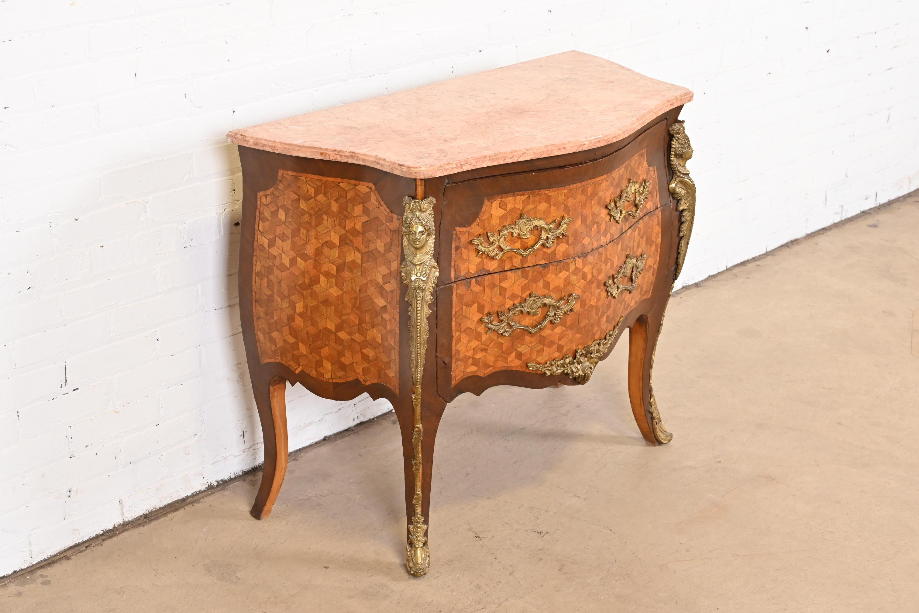 20th Century Antique French Louis XV Marble Top Bombay Chest Commode with Mounted Ormolu