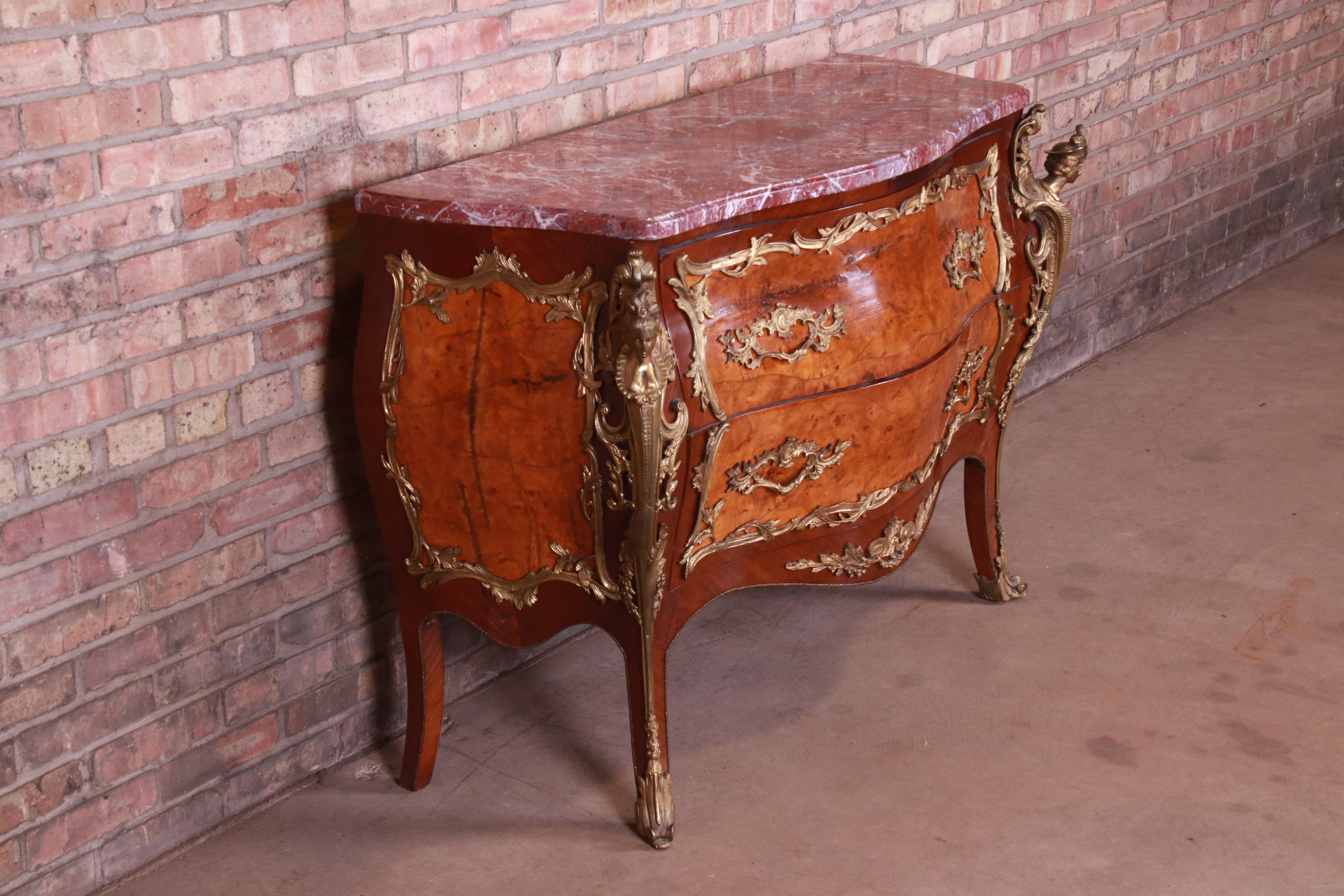 Antique French Louis XV Marble-Top Bombay Chest Commode with Mounted Ormolu In Good Condition In South Bend, IN