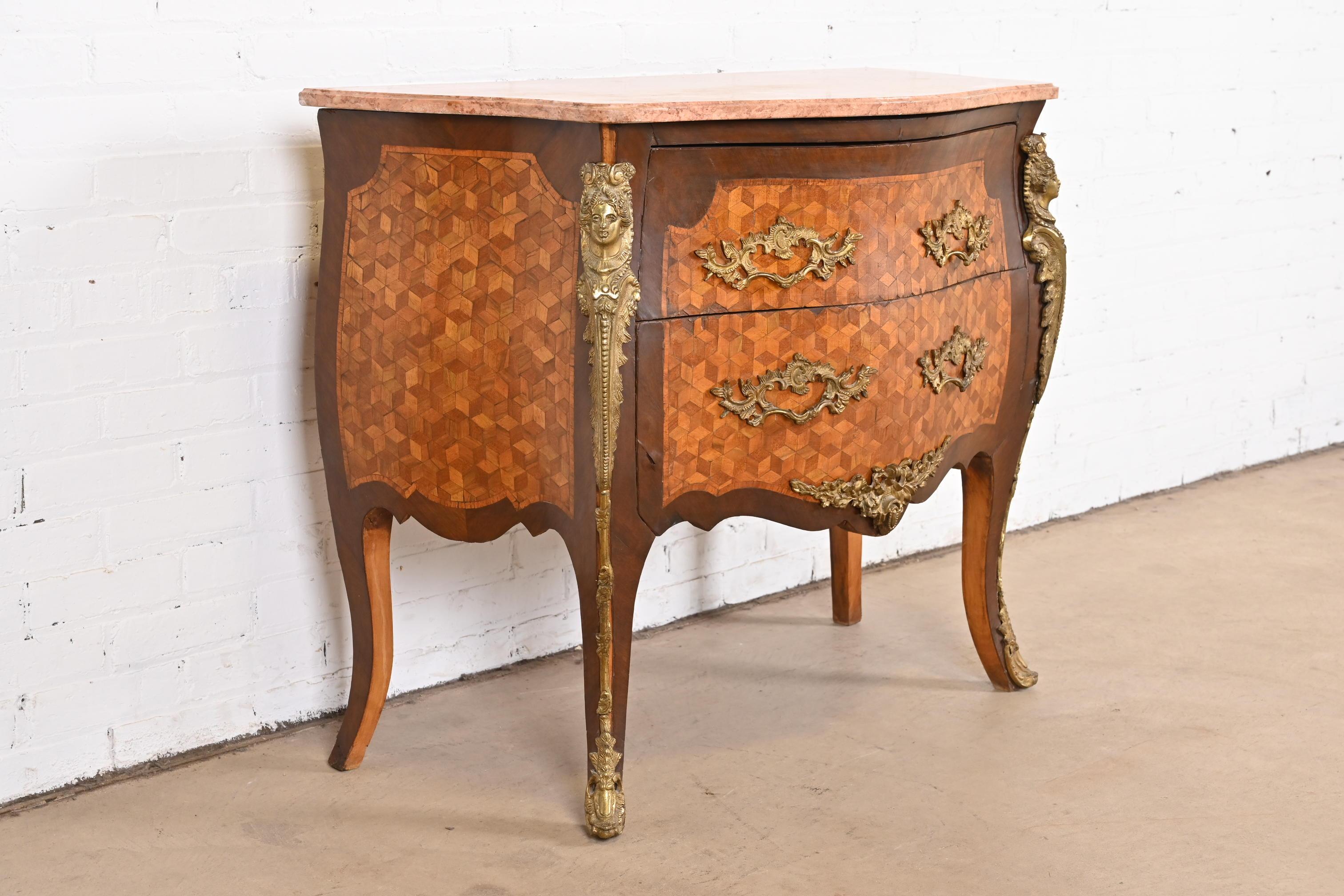 Bronze Antique French Louis XV Marble Top Bombay Chest Commode with Mounted Ormolu