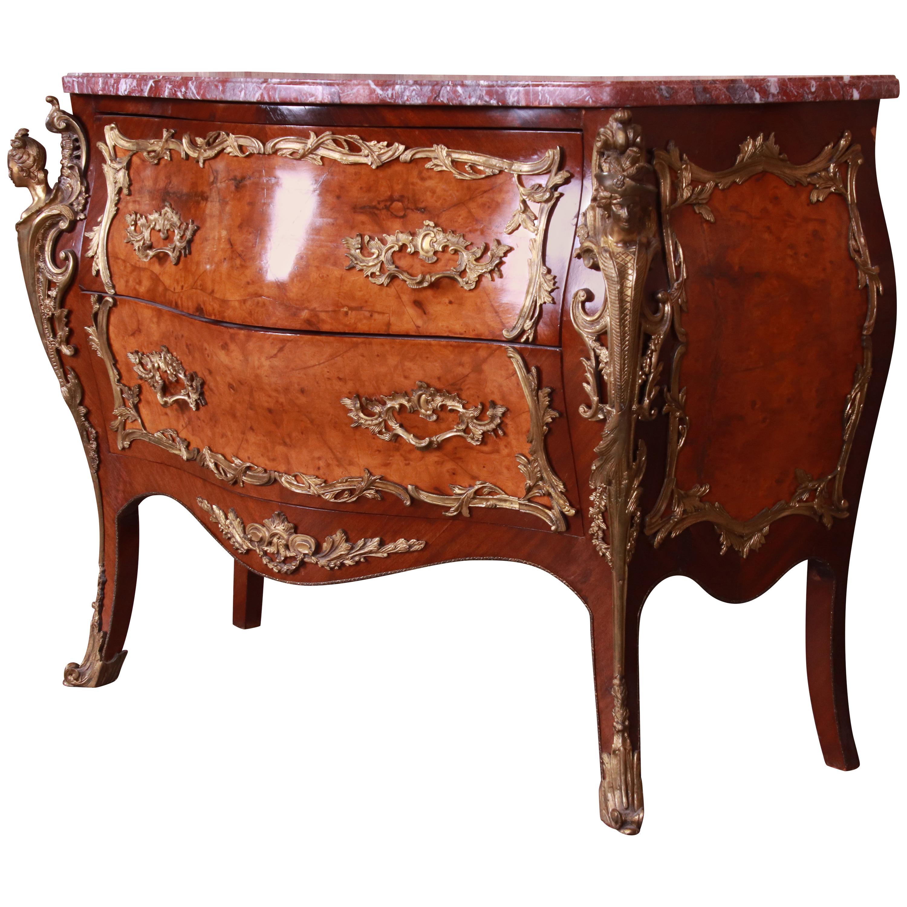 Antique French Louis XV Marble-Top Bombay Chest Commode with Mounted Ormolu