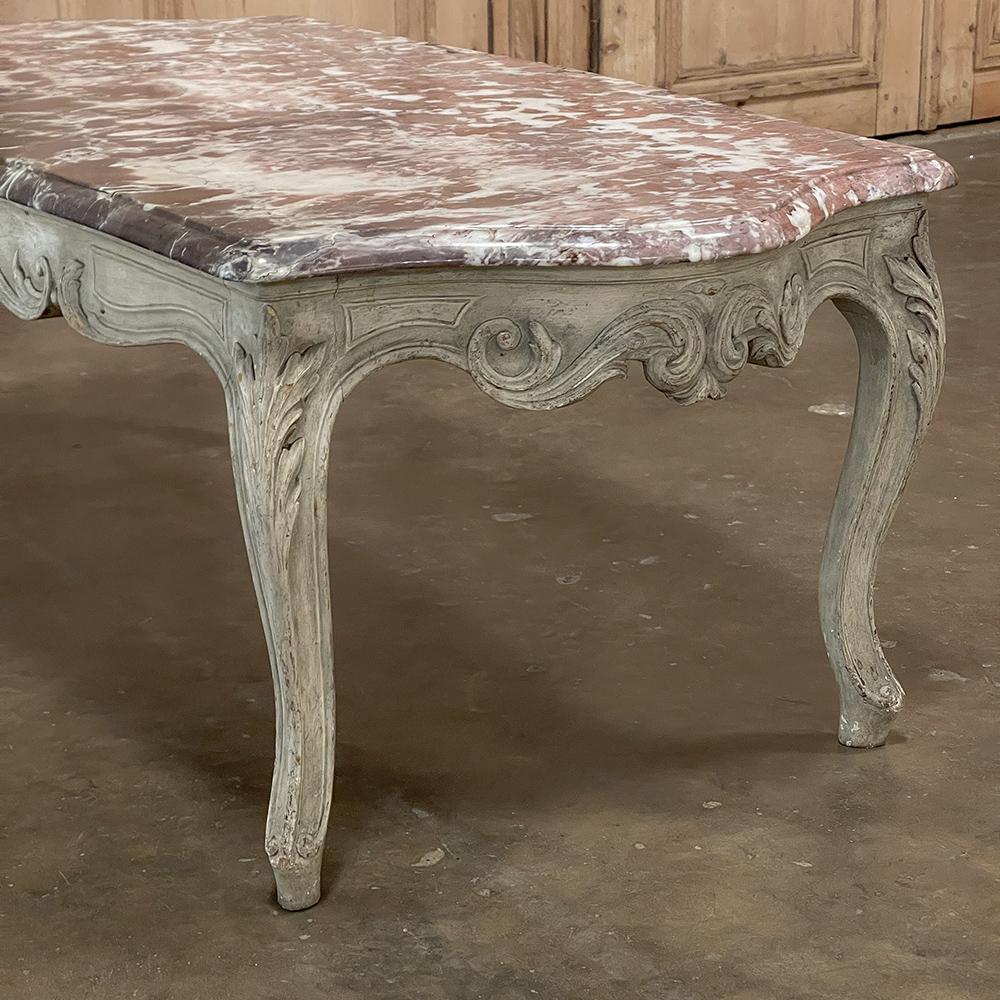 Antique French Louis XV Marble Top Painted Coffee Table For Sale 8