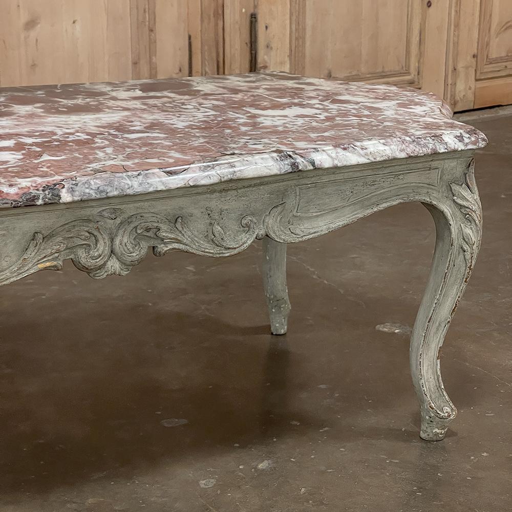 Antique French Louis XV Marble Top Painted Coffee Table For Sale 10