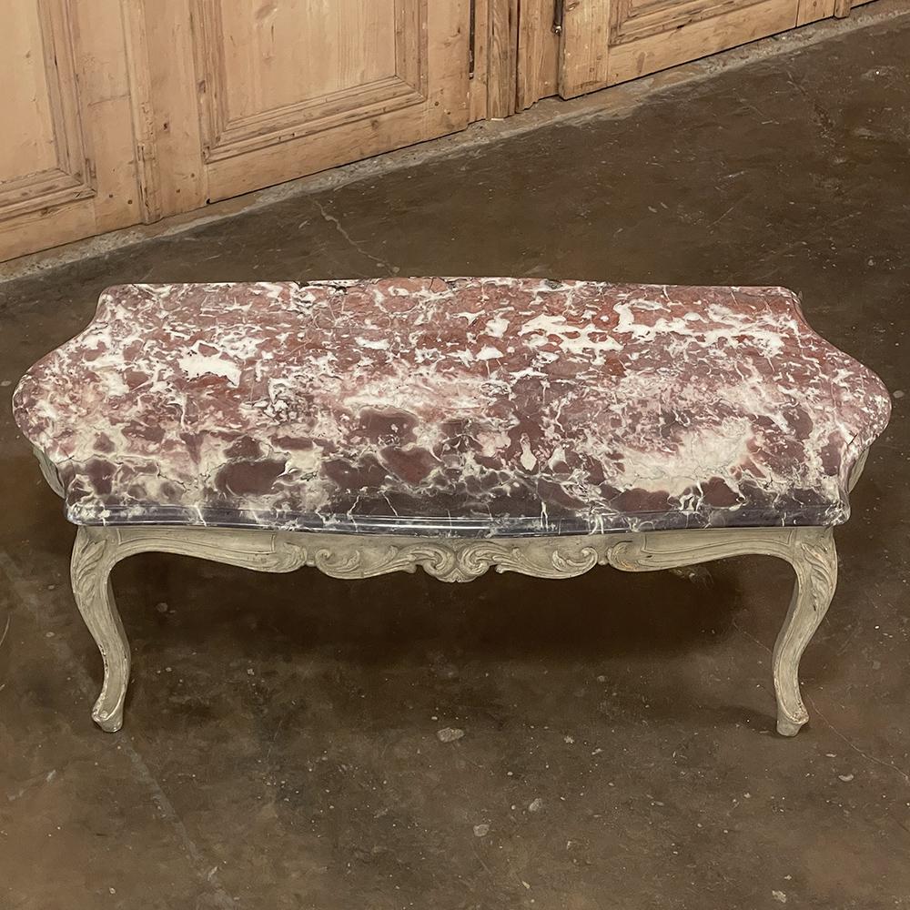 20th Century Antique French Louis XV Marble Top Painted Coffee Table For Sale