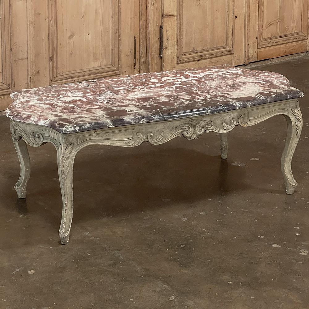 Antique French Louis XV Marble Top Painted Coffee Table For Sale 1