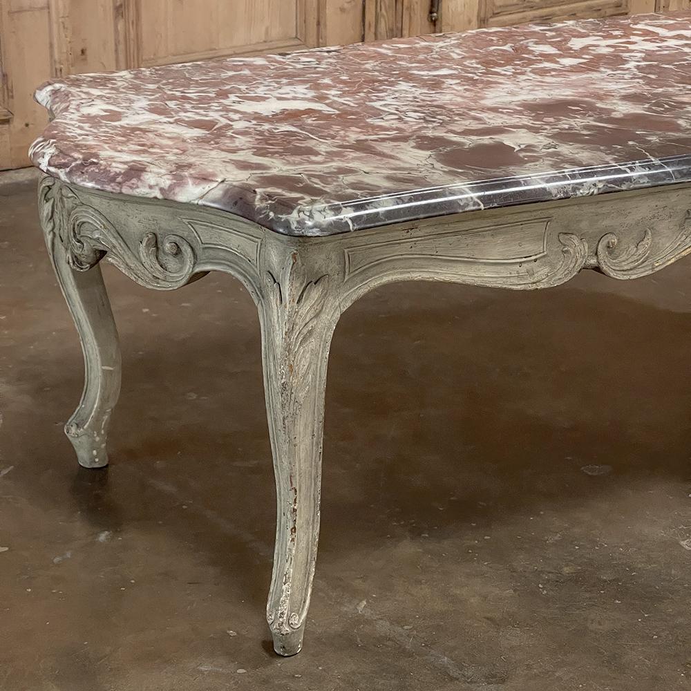 Antique French Louis XV Marble Top Painted Coffee Table For Sale 2