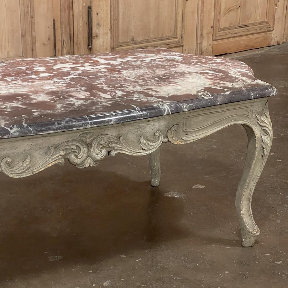 Antique French Louis XV Marble Top Painted Coffee Table For Sale 3