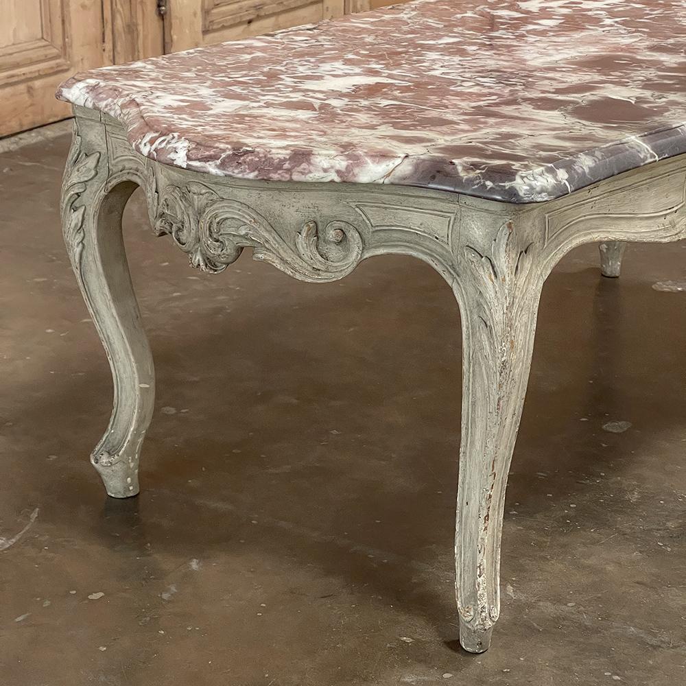 Antique French Louis XV Marble Top Painted Coffee Table For Sale 4