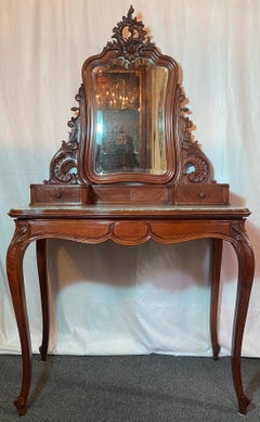 Antique French Louis XV Marble-Top Walnut Vanity with Beveled Mirror circa 1890