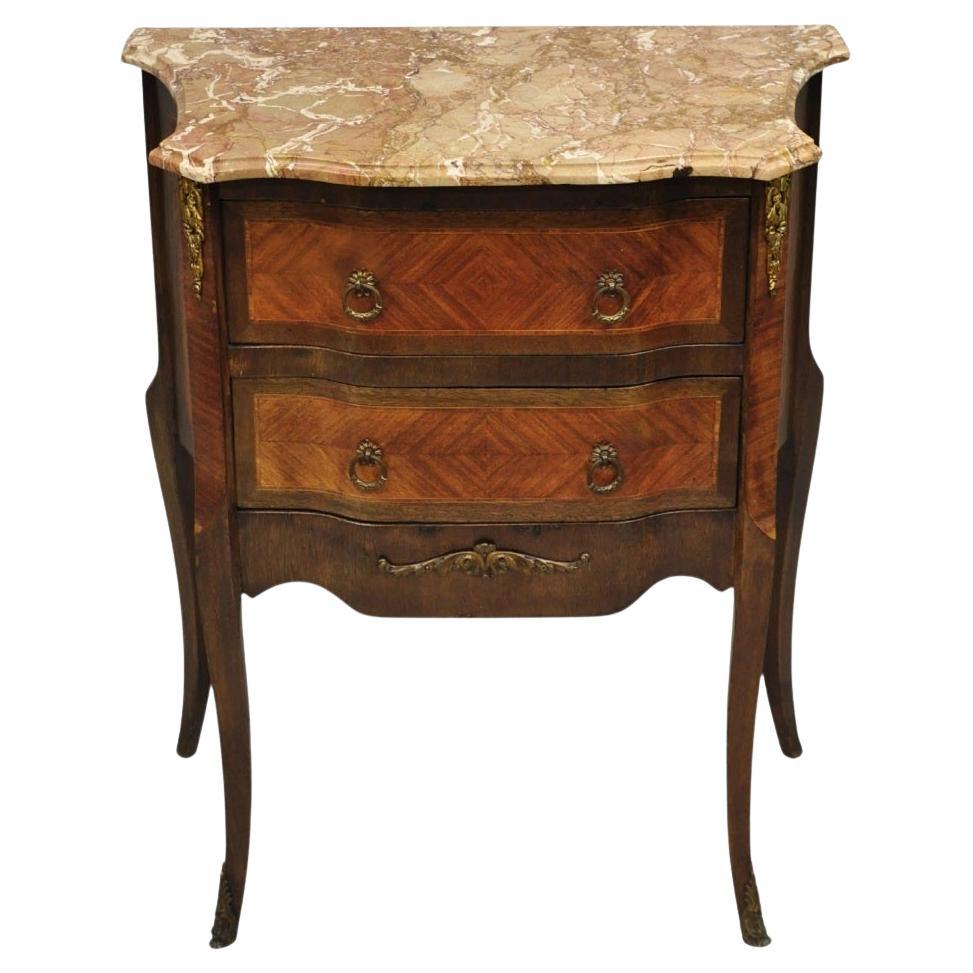 Antique French Louis XV intarsio di marmo piano Bombe Comodino Side Table