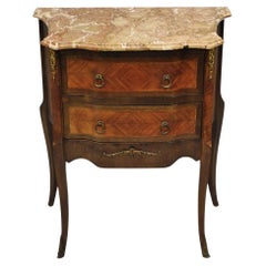 Antique French Louis XV Marquetry Inlay Marble Top Bombe Nightstand Side Table