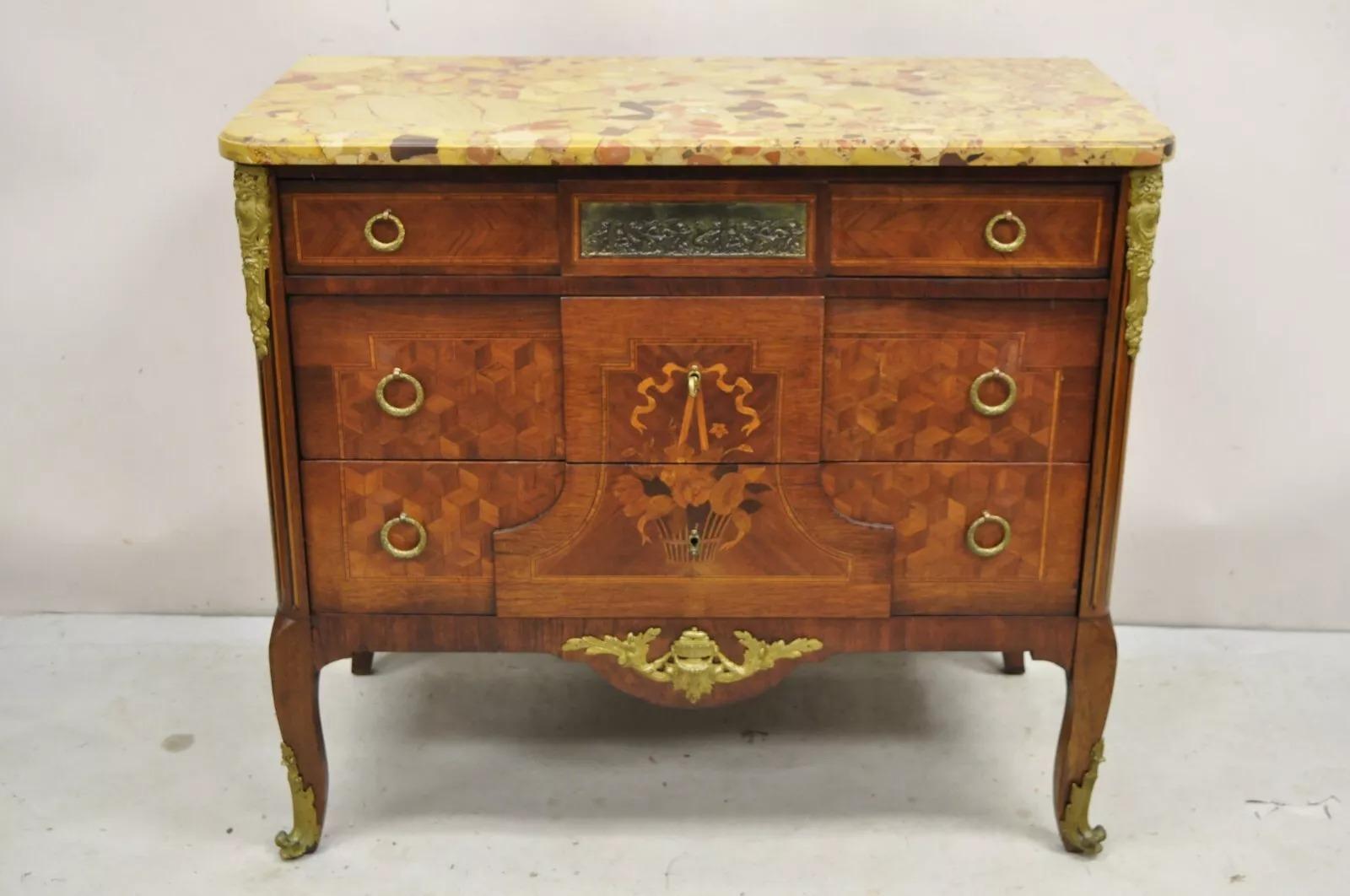 Antique French Louis XV intarsio di marmo Piano in bronzo Ormolu Commode Dresser in vendita 5