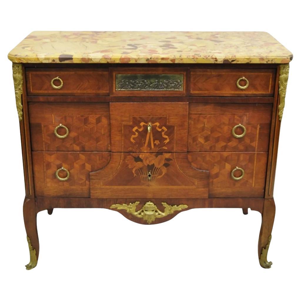 Antique French Louis XV Marquetry Inlay Marble Top Bronze Ormolu Commode Dresser