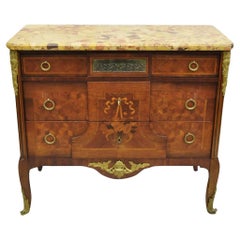 Antique French Louis XV Marquetry Inlay Marble Top Bronze Ormolu Cómoda