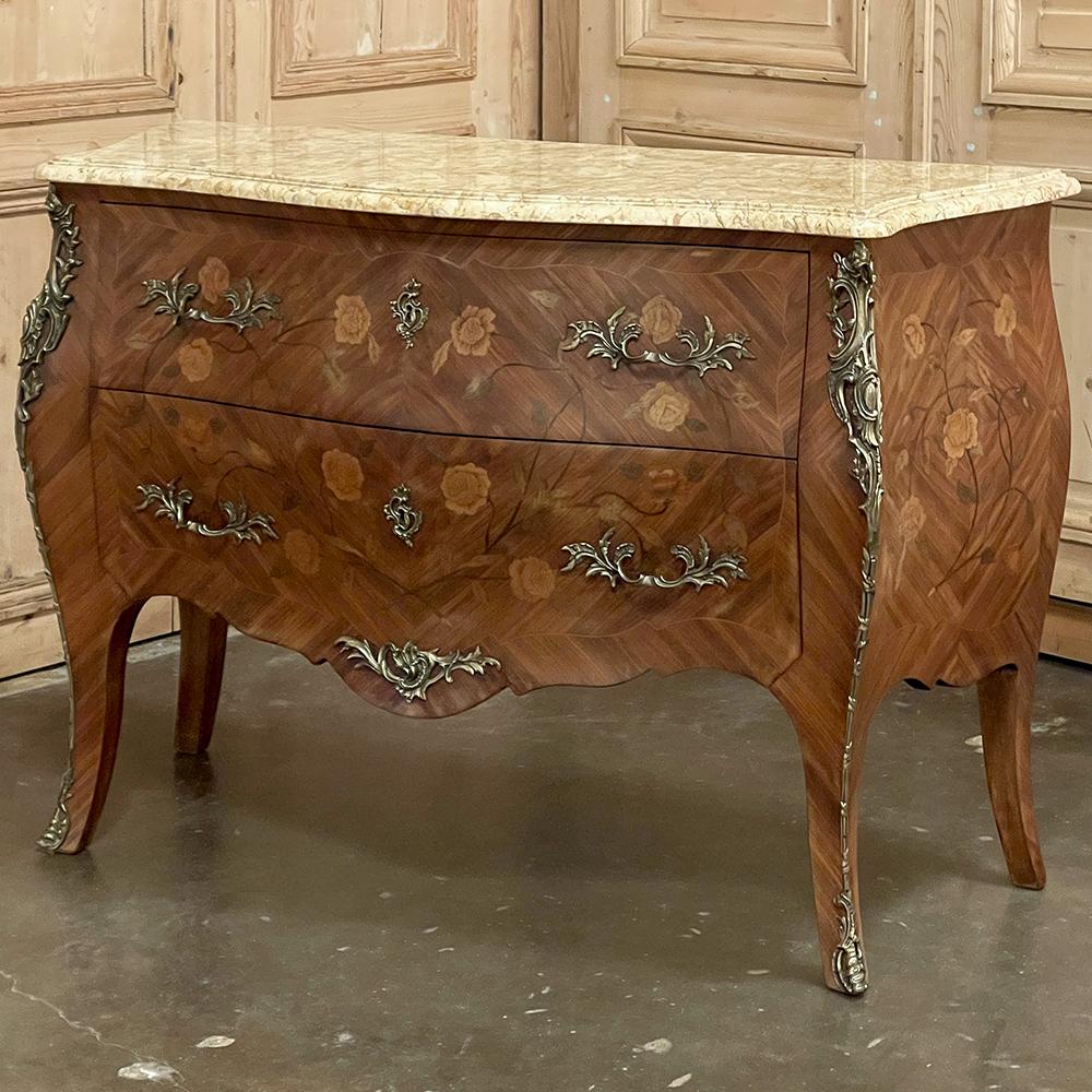 Hand-Crafted Antique French Louis XV Marquetry Marble Top Commode For Sale